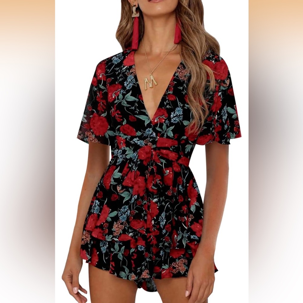 Women's Floral Print Deep V-Neck Romper
